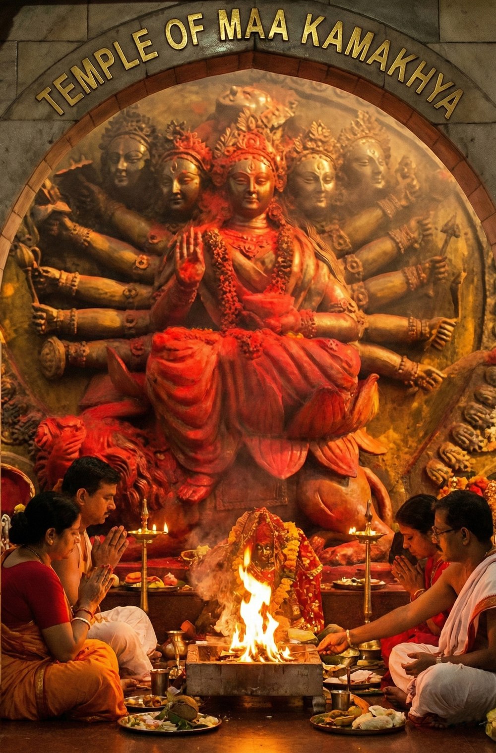 Darshan of The Divine Vigraha Of The Divine Mother Maa Kamakhya, Enshrined in the sanctum, the sacred fire burning before the worshippers